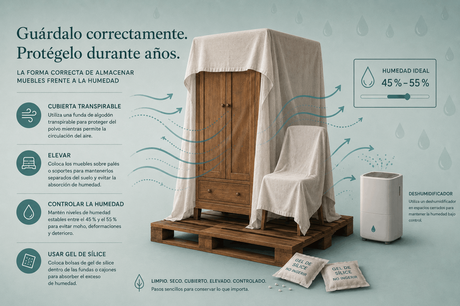 Humedad y muebles guardados. Cómo evitar el moho en el clima de Granada 4 Ilustración del método para guardar muebles sin humedad: pieza elevada sobre palet, funda transpirable, circulación de aire y desecantes