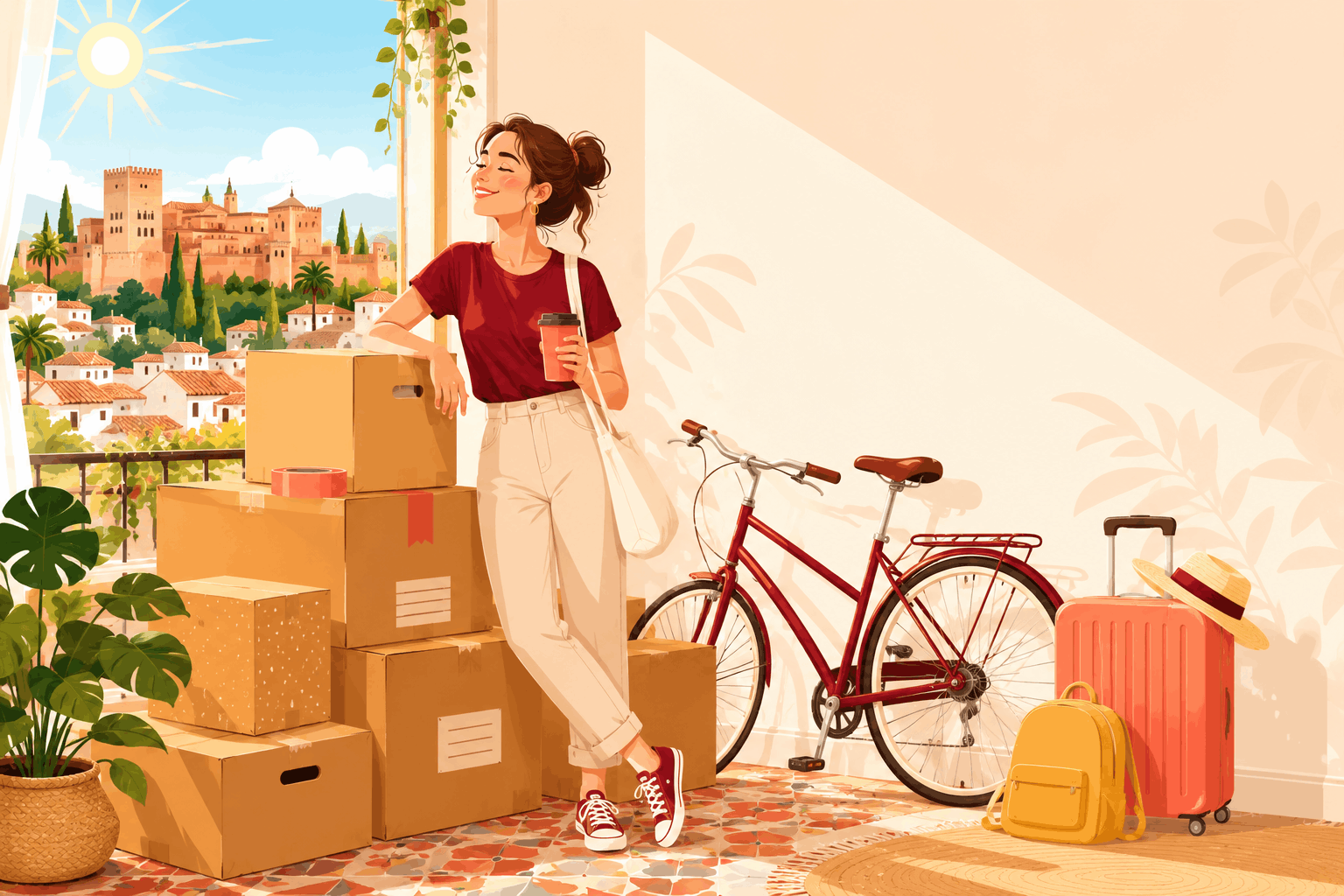 Fin de curso en Granada. ¿Qué hacer con tus cosas en verano sin cargar con todo? 1 Qué hacer con tus cosas en verano. Estudiante en Granada al acabar el curso, rodeada de cajas listas para guardar